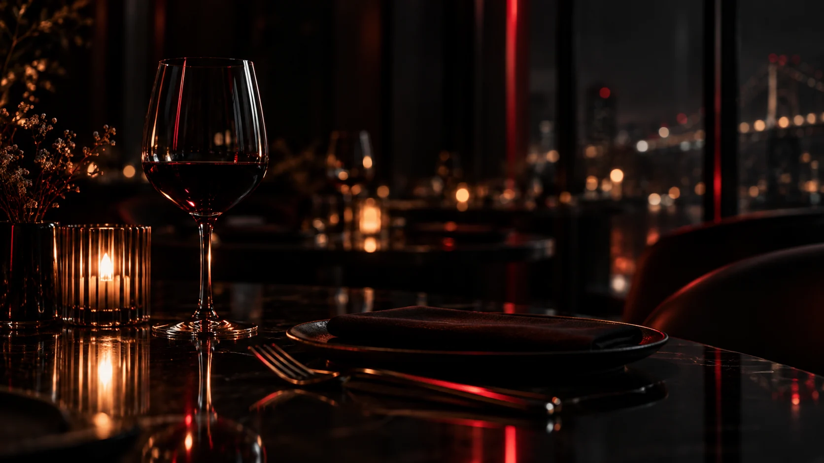 Atmospheric illustration of a candlelit restaurant table, a wine glass, and the Bay Bridge beyond.